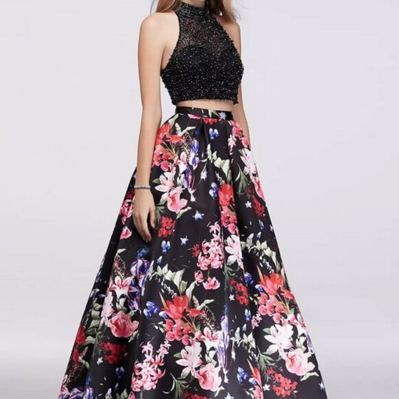 Beyond By Jovani Black Beaded Top and Printed Ball Gown Skirt Set - Picture 1 of 7
